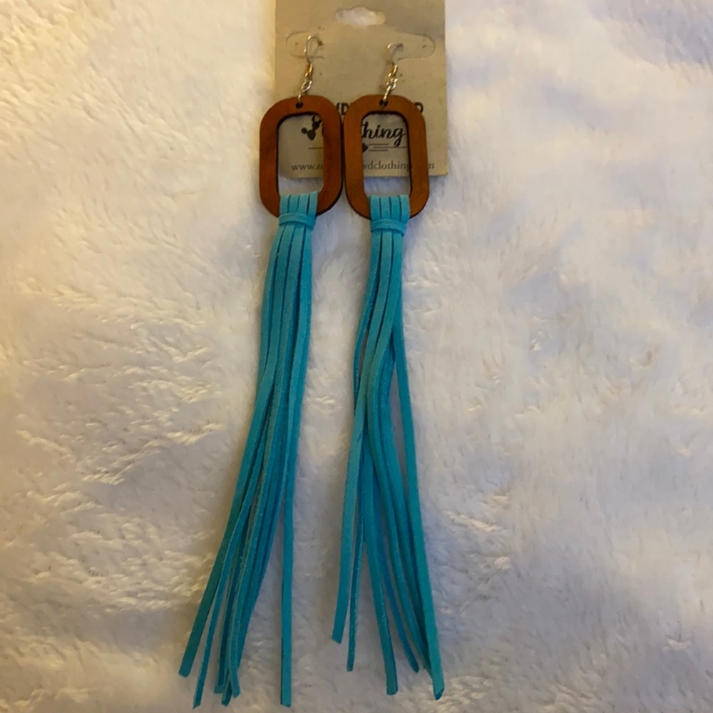Boutique ,aqua suede drop earring with wooden, rectangular ear pieces.NEW!!!!
